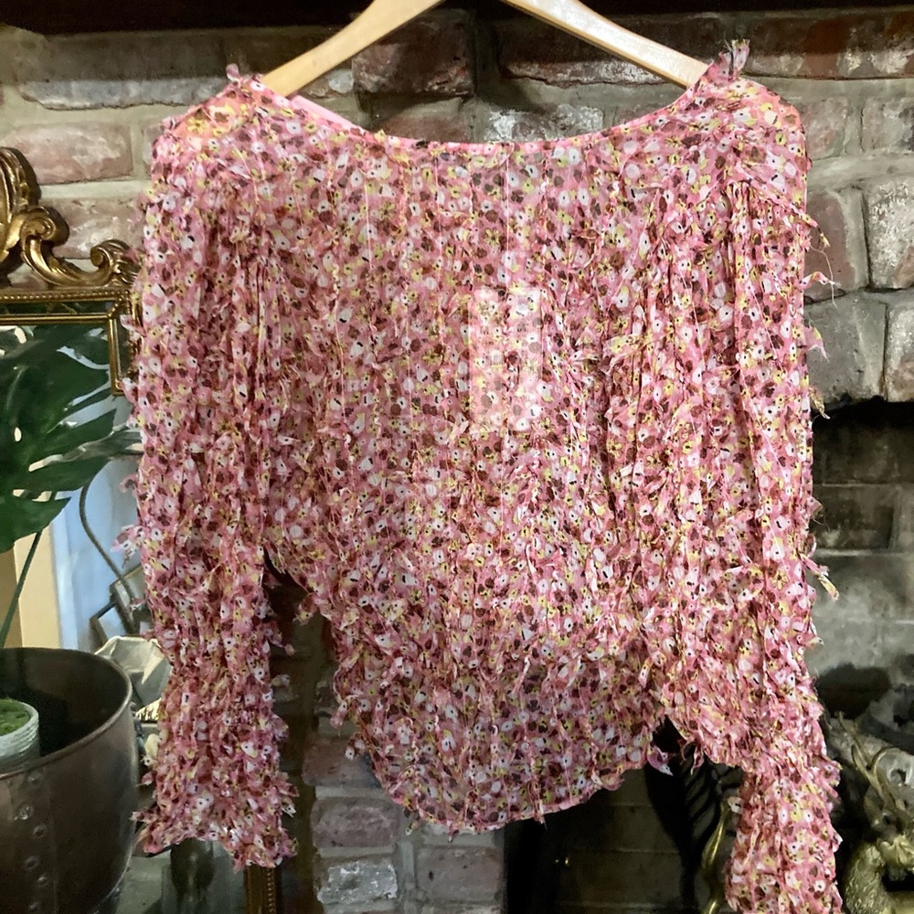 🆕 ZARA Pink Fringe Textured Confetti Button Down Chiffon Blouse Resort Luxury - Picture 12 of 16